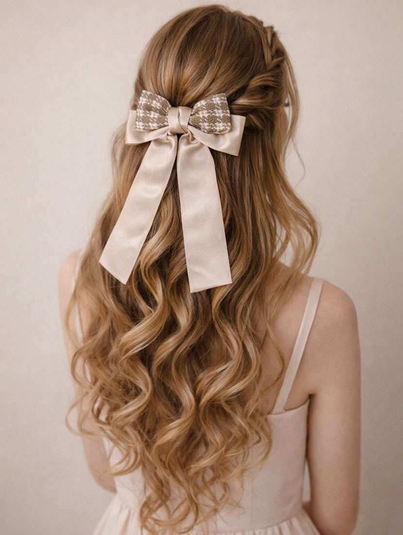 elegant beige satin & tweed bow hair clip for women