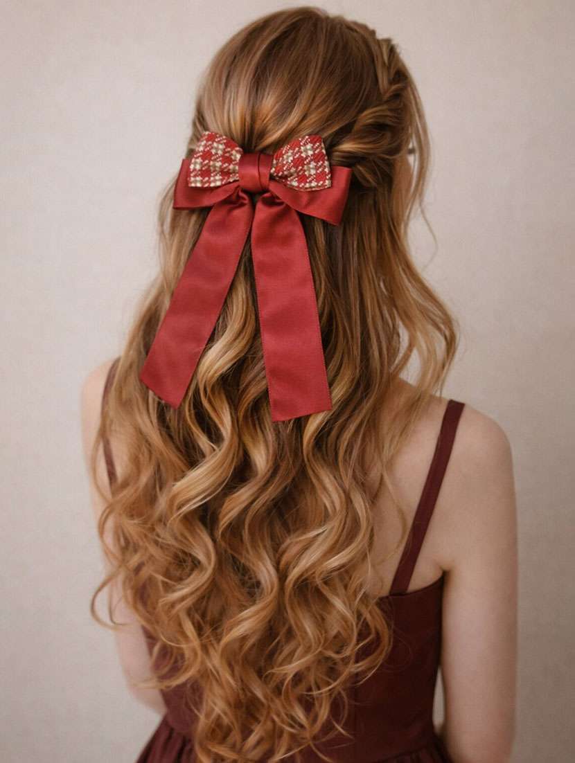 elegant red satin & tweed bow hair clip for women