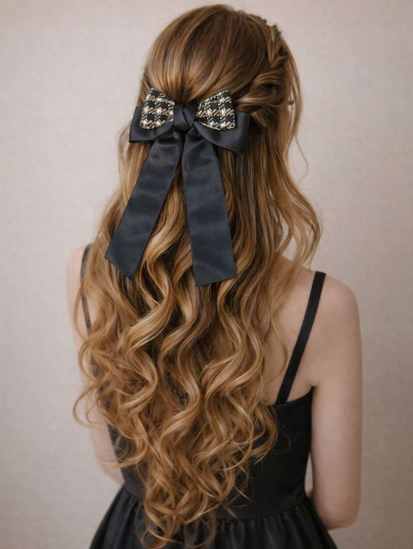 elegant black satin & tweed bow hair clip for women