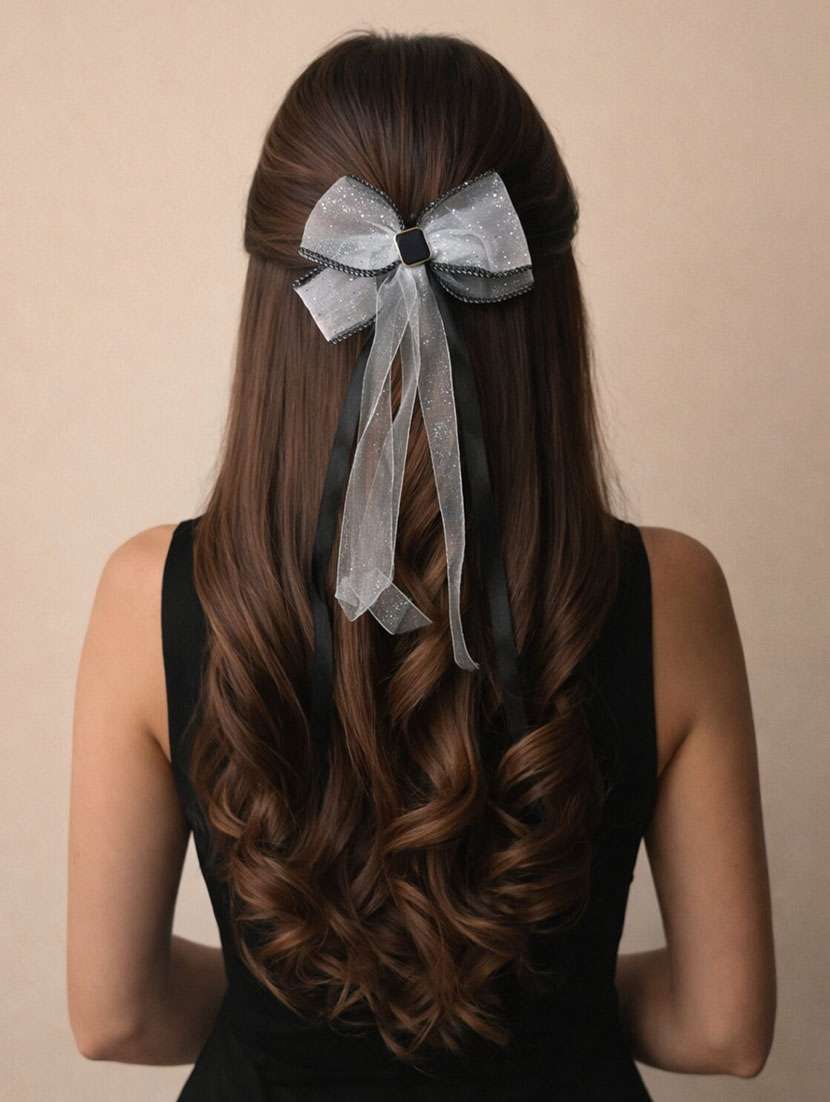 black organza bow hair clip with long ribbons