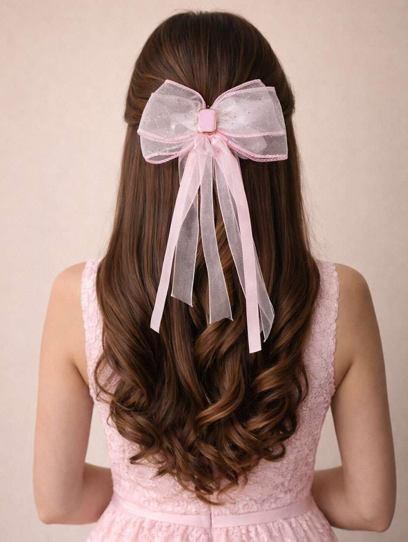 pink organza bow hair clip with long ribbons