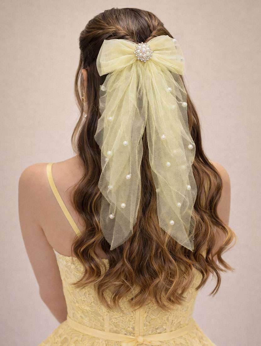 elegant yellow pearl net bow hair clip for women