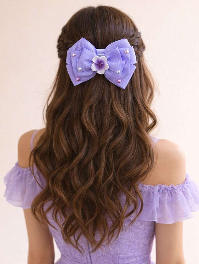 purple bow hair clip with floral center & pearls