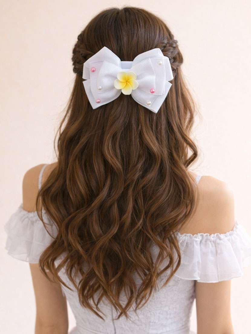 white bow hair clip with floral center & pearls