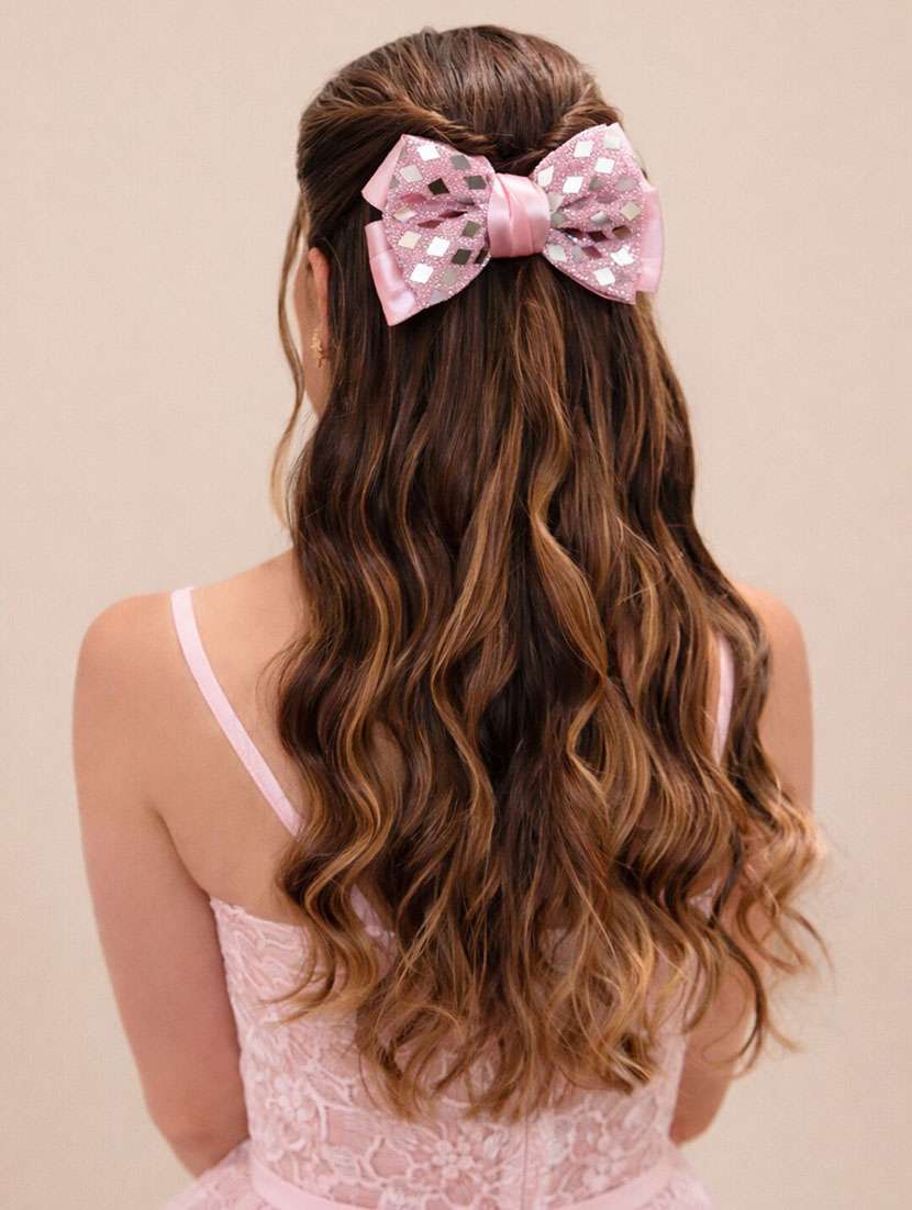 pink glitter bow hair clip with mirror work