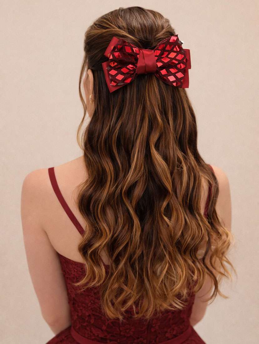 maroon glitter bow hair clip with mirror work
