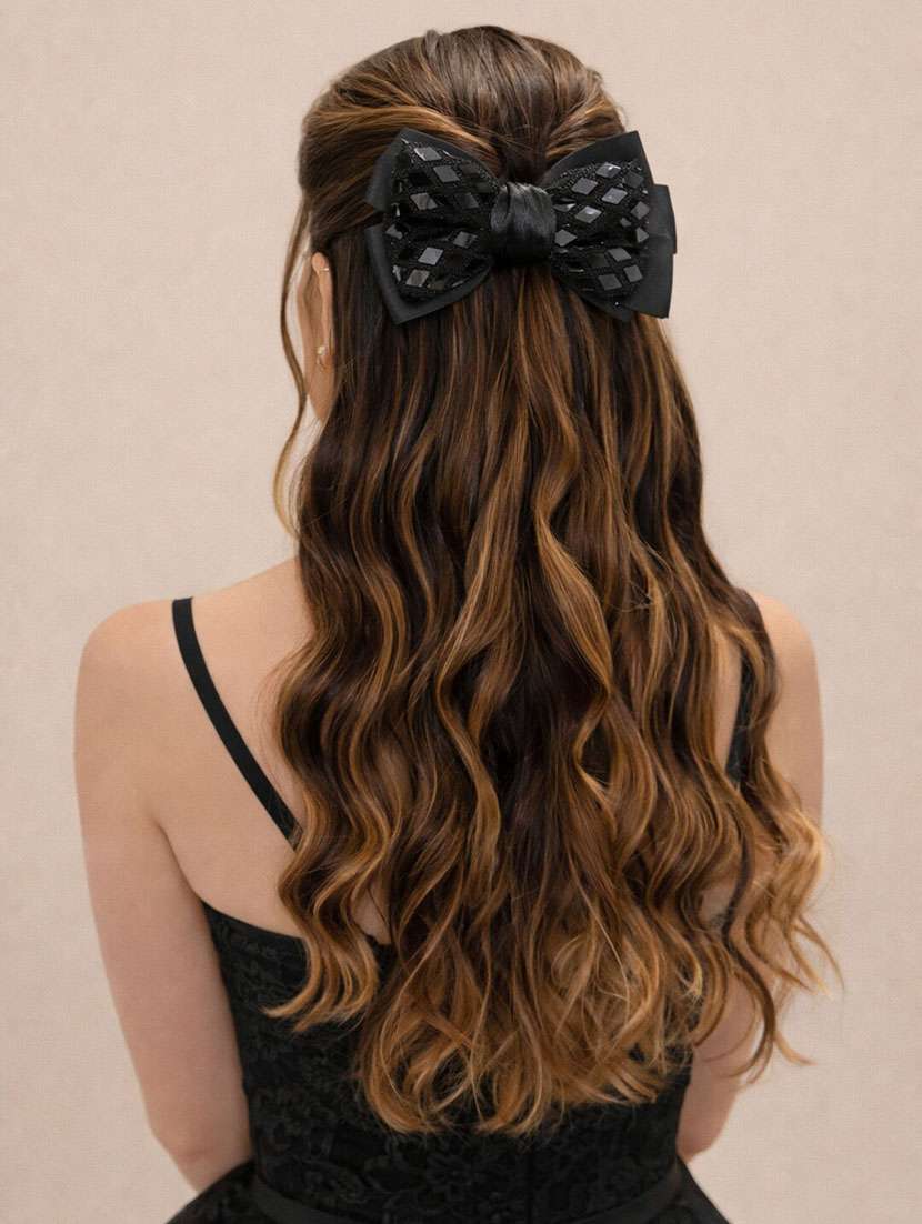 black glitter bow hair clip with mirror work