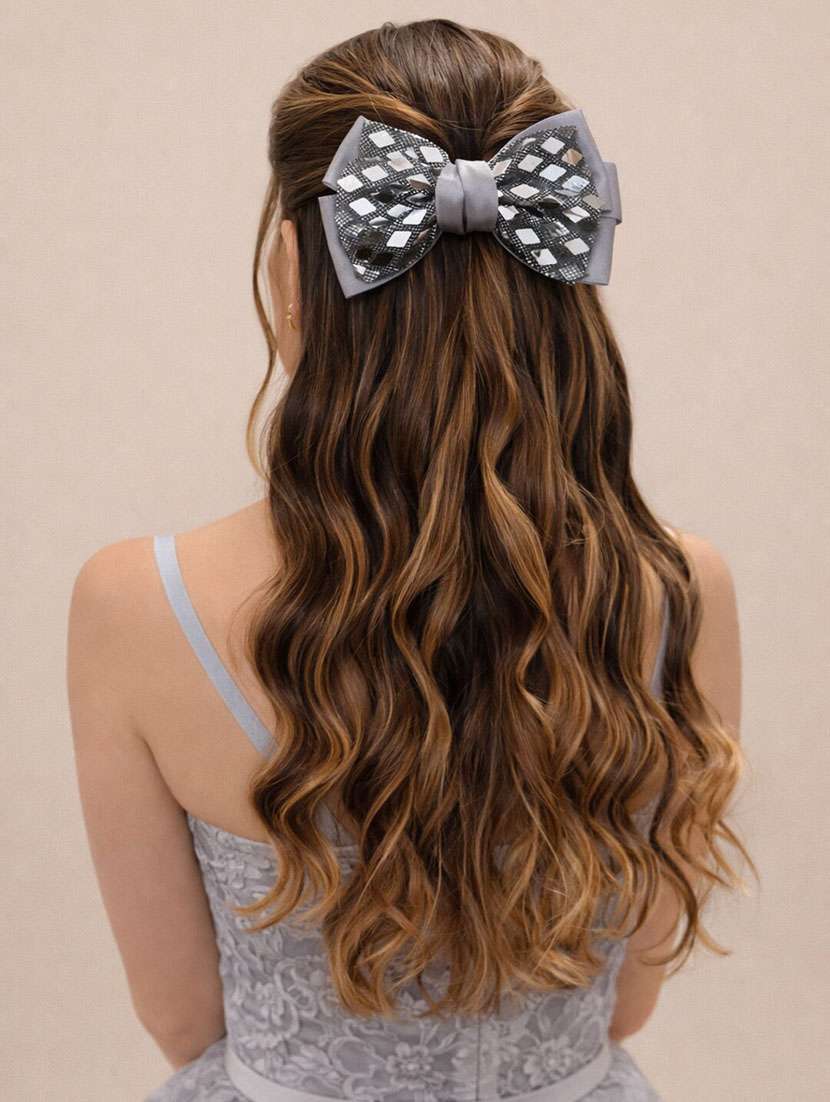 grey glitter bow hair clip with mirror work