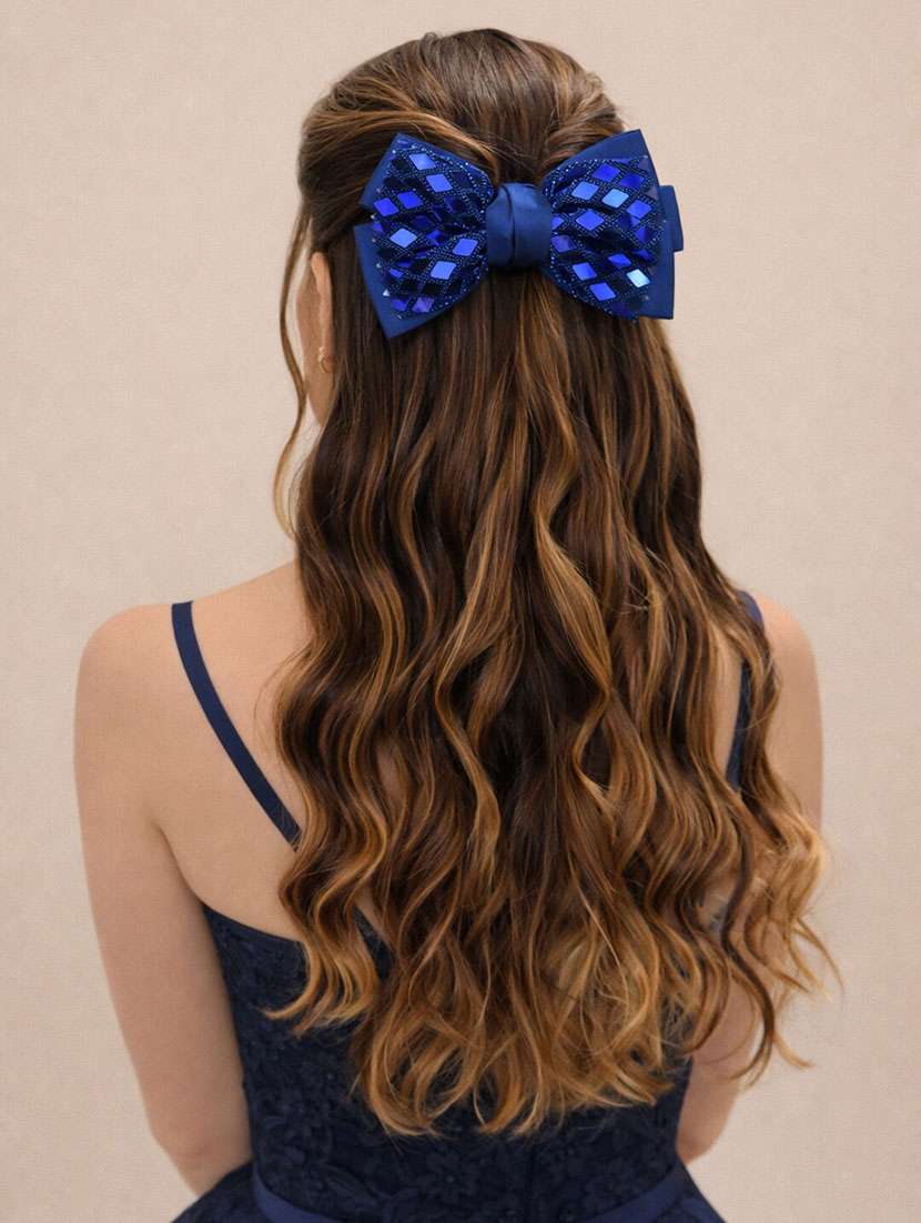 blue glitter bow hair clip with mirror work