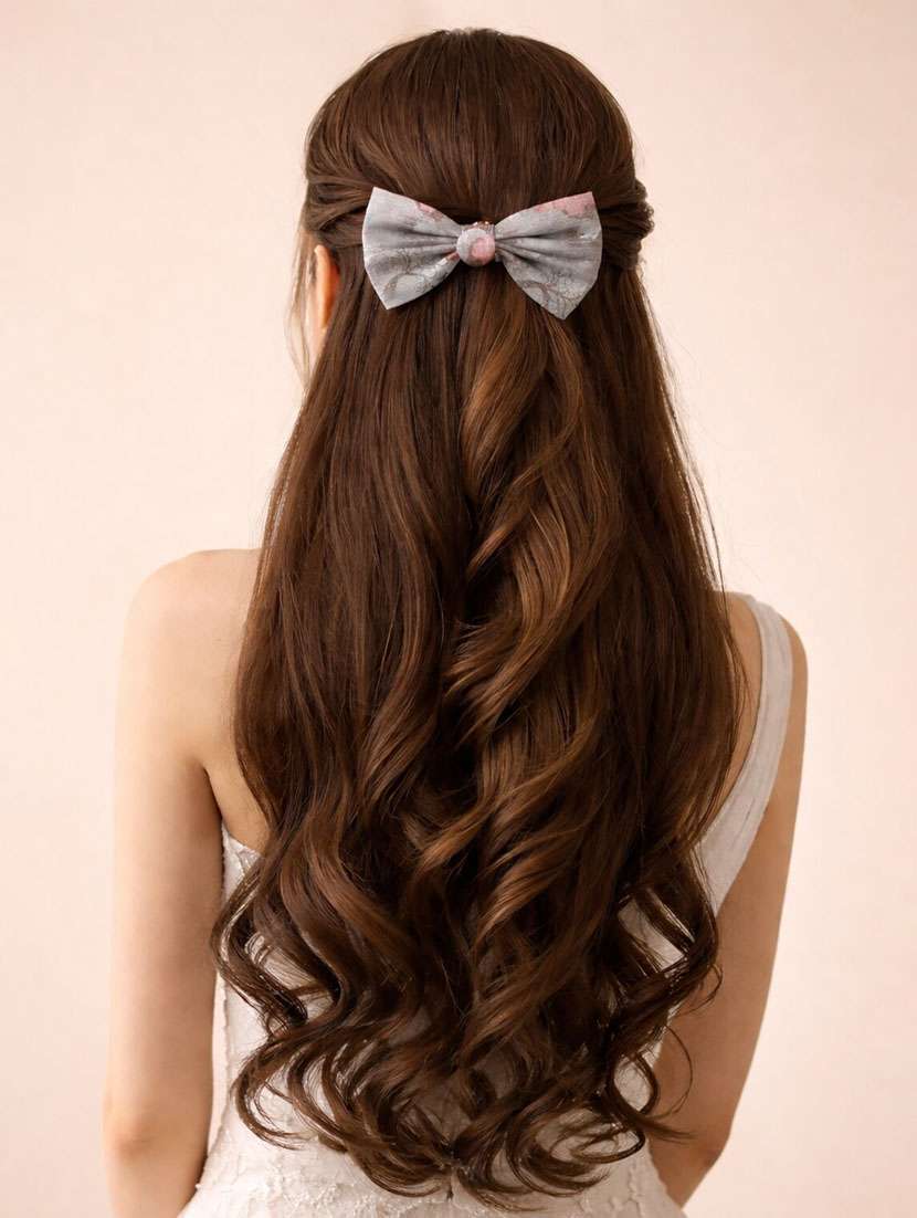 grey floral bow hair clip