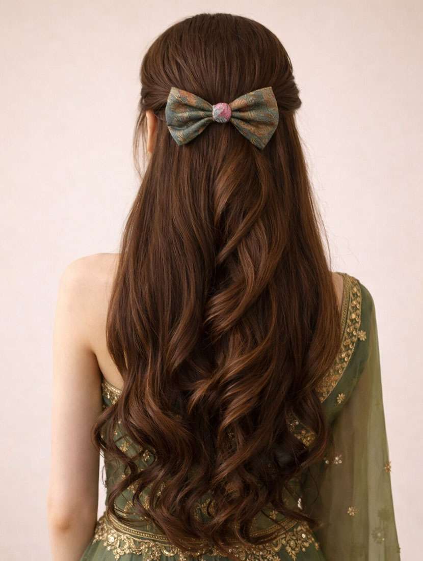 dark green floral bow hair clip