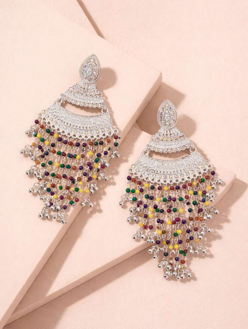 oxidised silver multicolor beaded long chandbali earrings for women