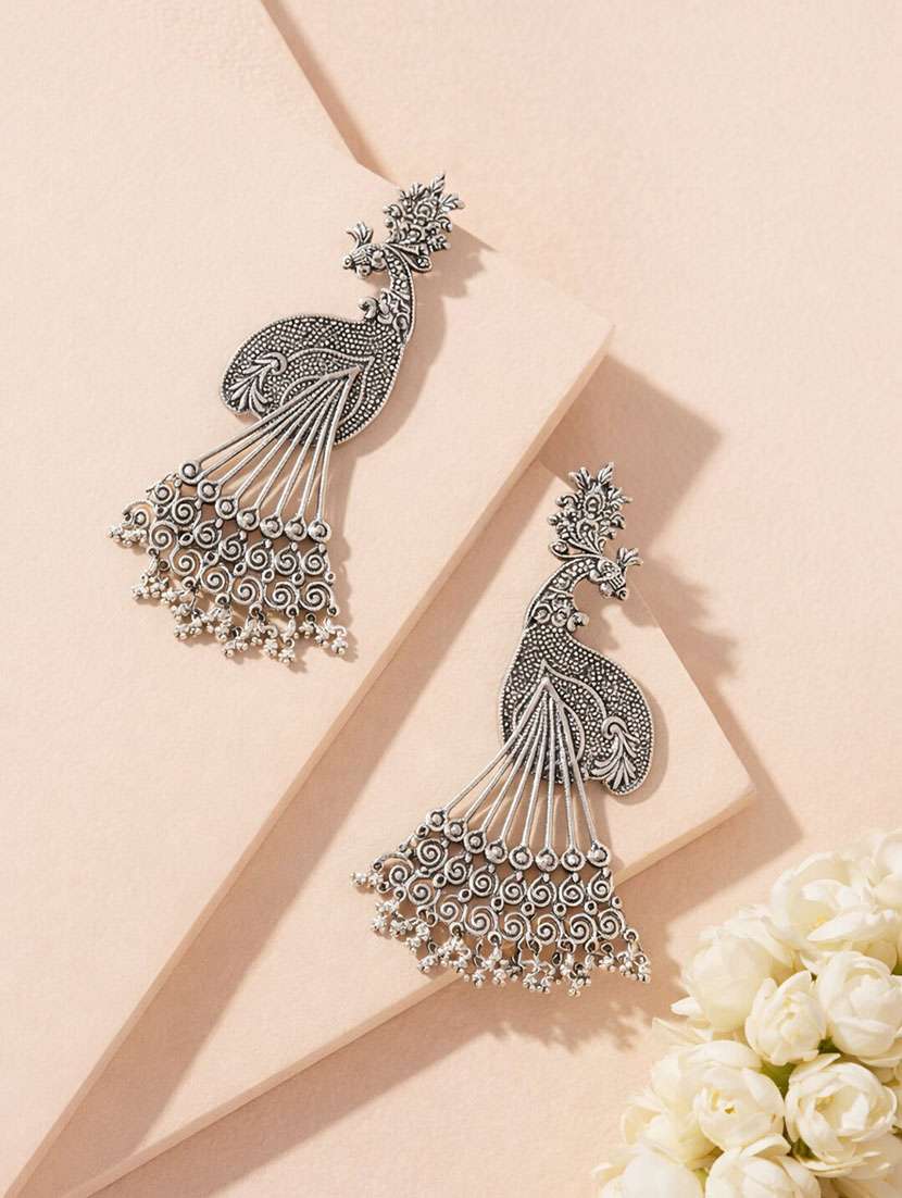 oxidised silver peacock design long drop earrings for women