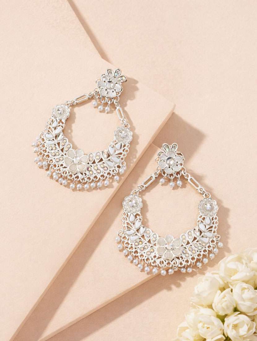 elegant silver-tone pearl drop chandbali earrings for women