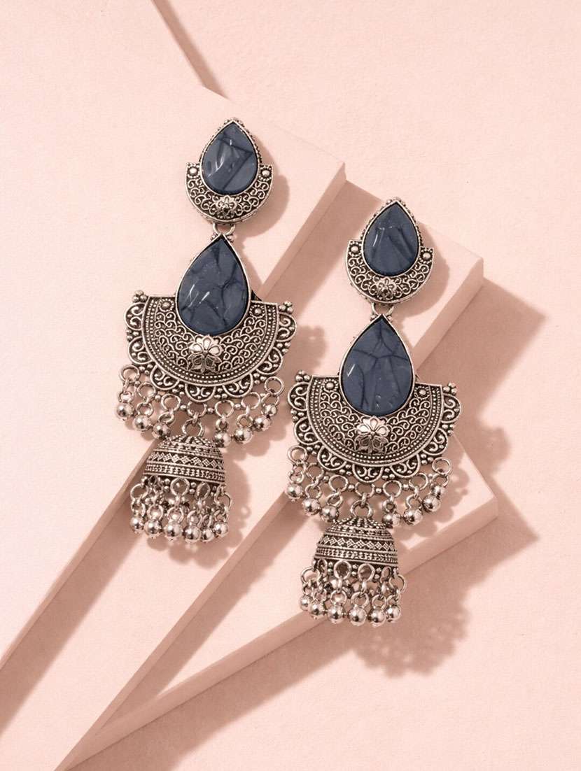 oxidized silver dangle earrings with grey teardrop stones for women