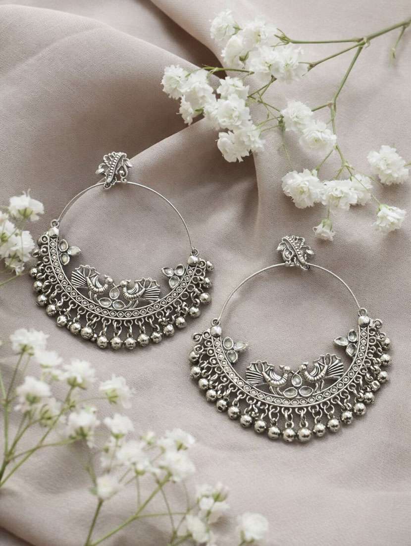 oxidised silver peacock hoop earrings with ghungroo detailing for women
