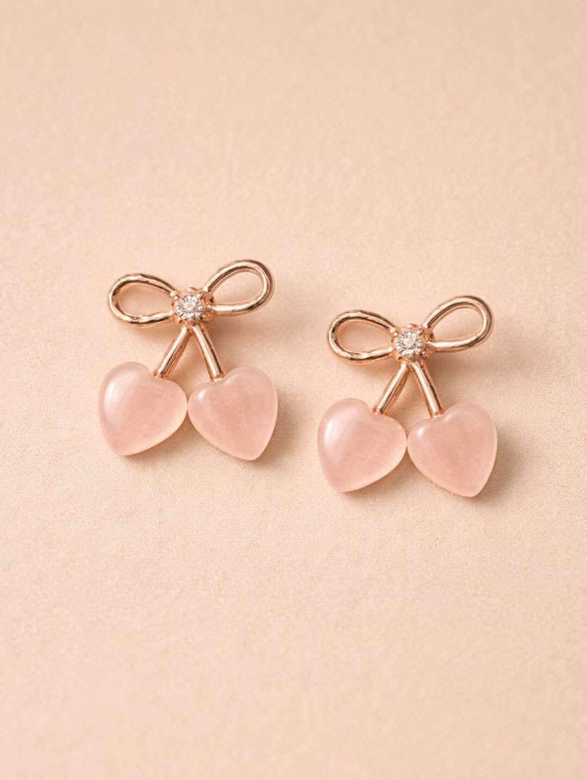 rose gold bow heart earrings with pink stone for women