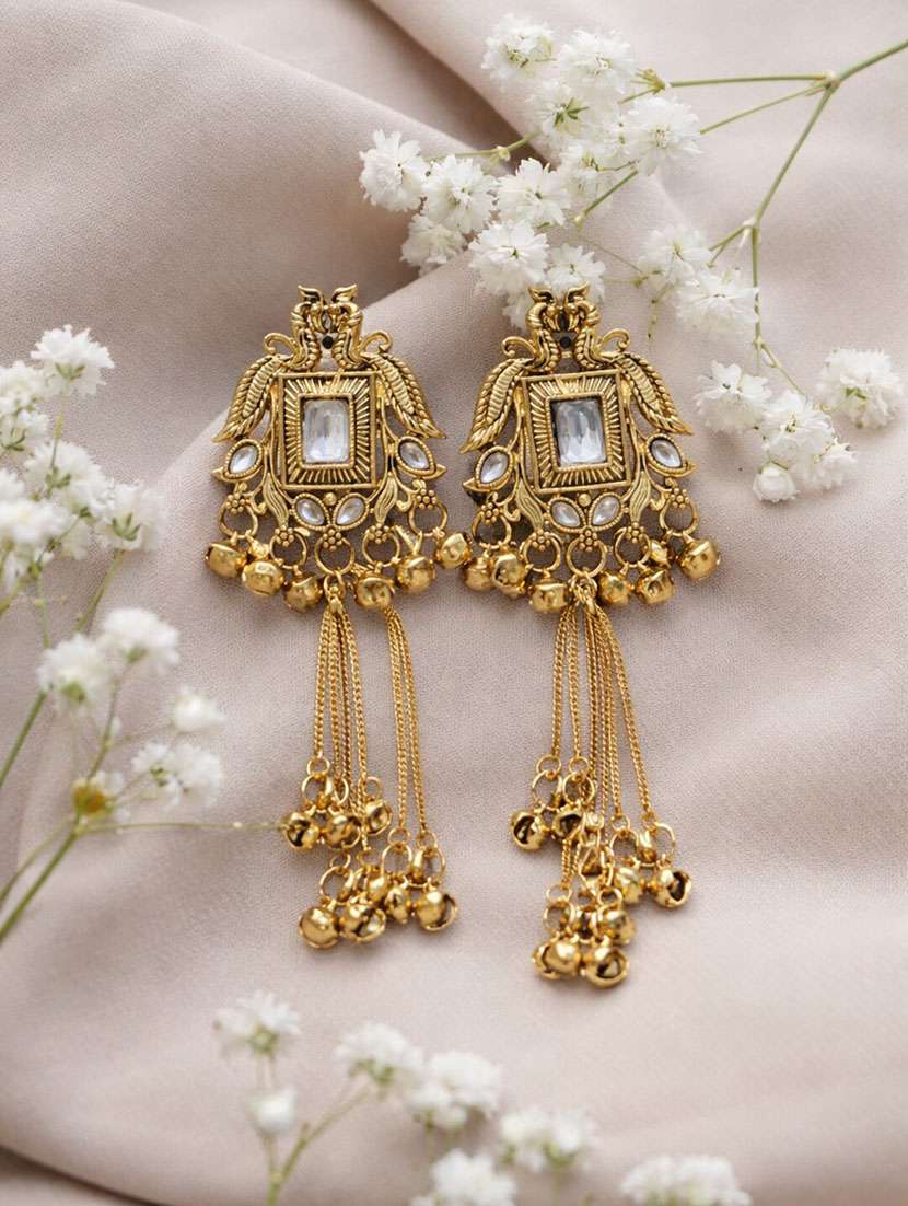 kashmiri gold plated long drop earrings with kundan & ghungroo work