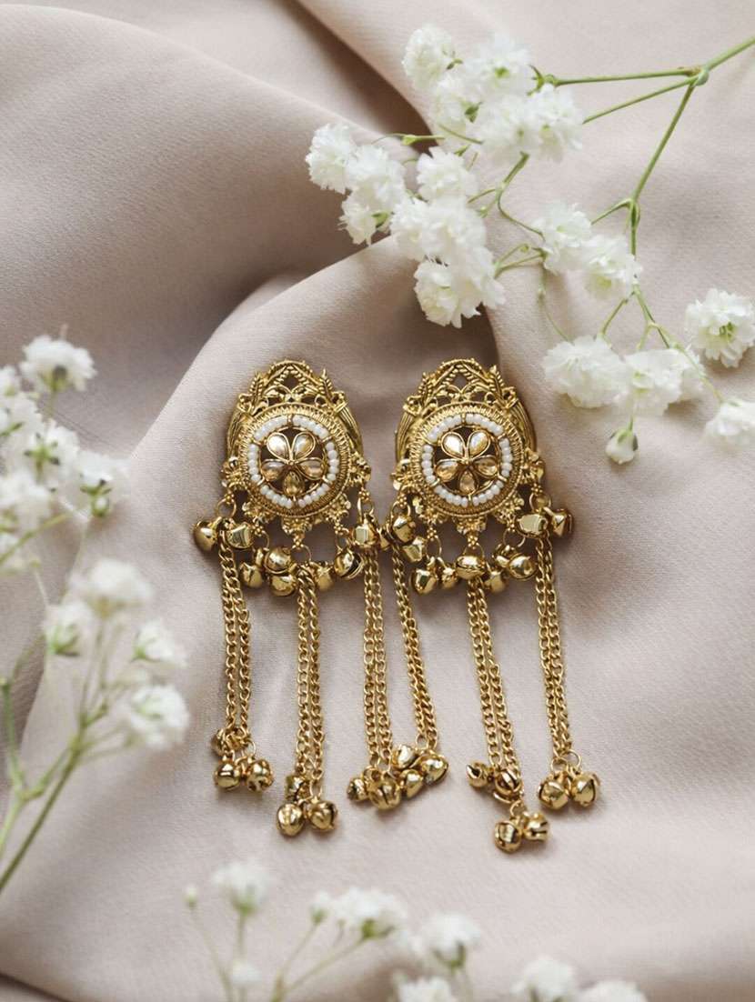 traditional kashmiri gold finish chain drop earrings for women