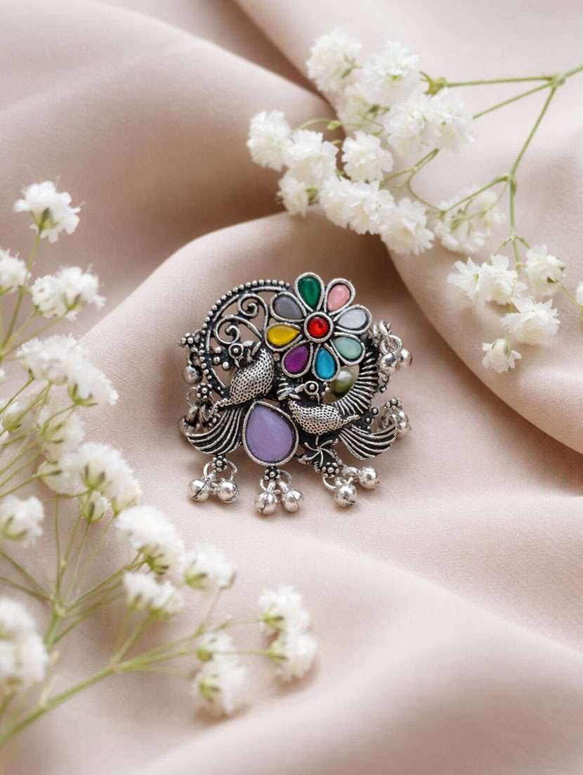 oxidised silver multicolor peacock floral adjustable ring