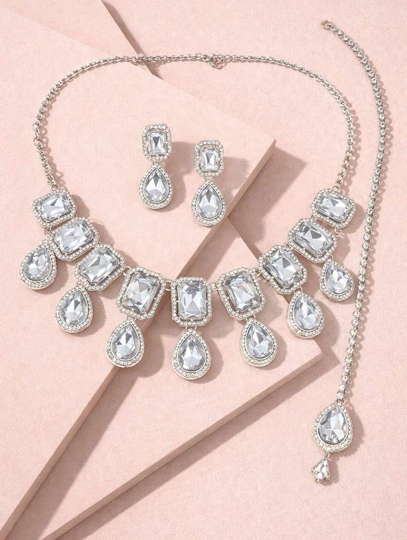 silver-tone kundan necklace set with matching earrings & maang tikka