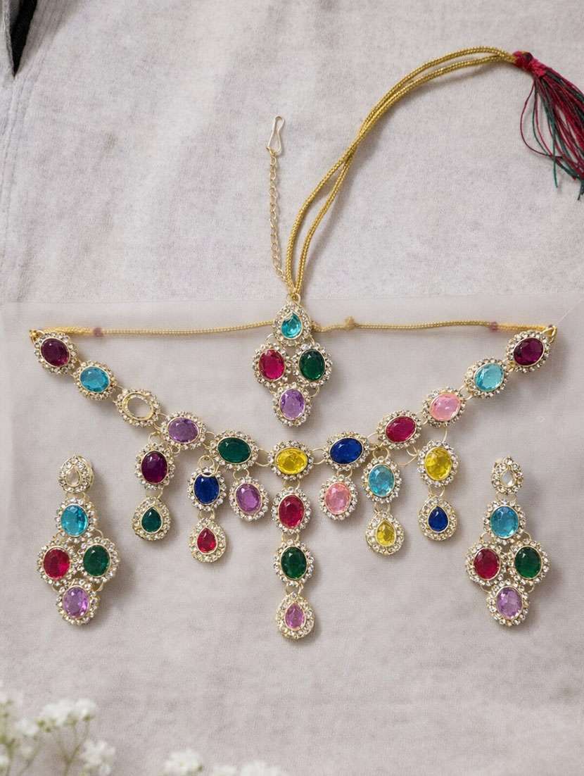 multicolour kundan necklace set with earrings & mangtikka