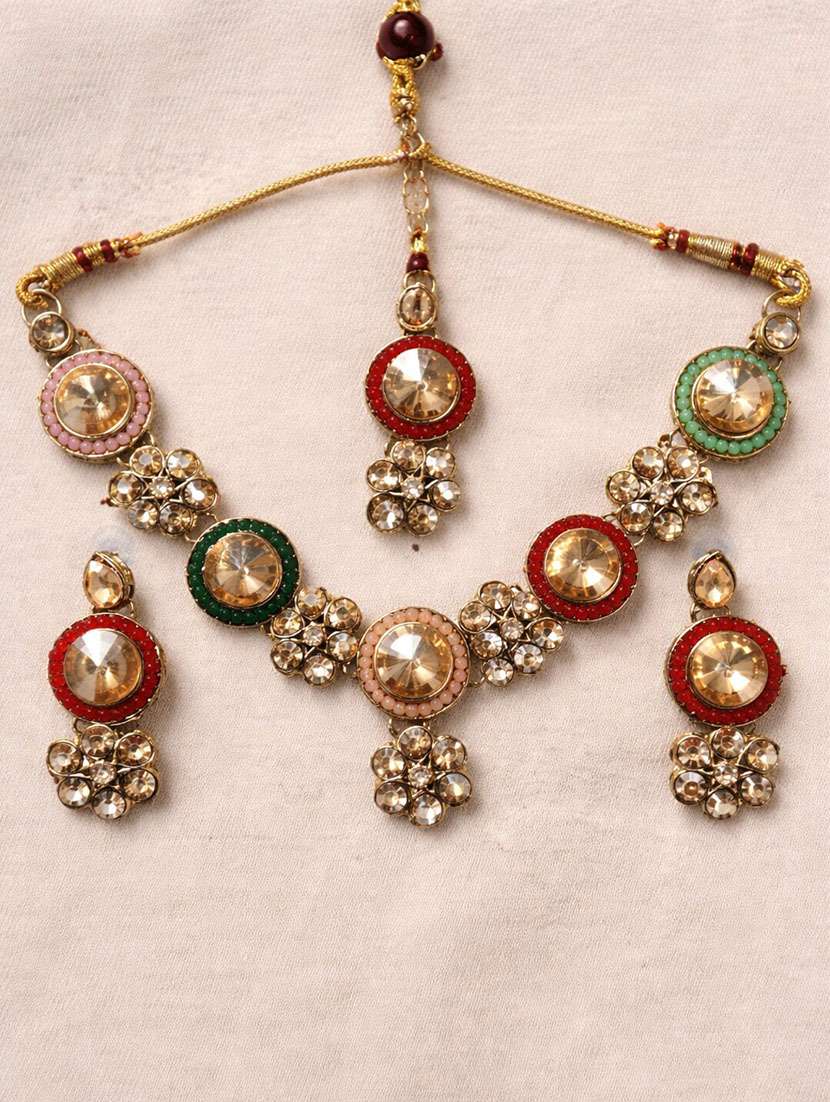 multicolour kundan choker necklace set with earrings & maangtikka