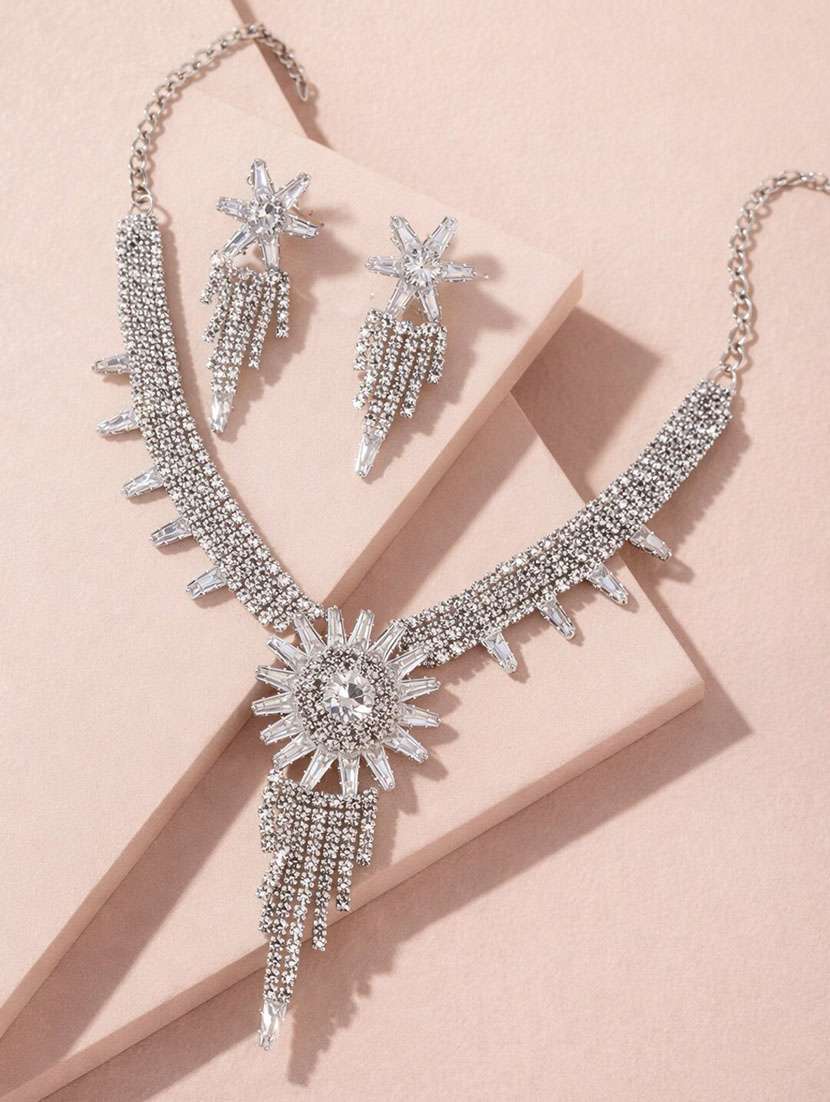 elegant silver-tone stone studded statement necklace set with matching earrings for women