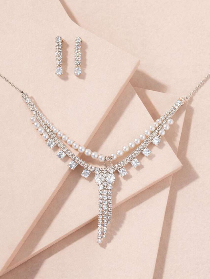 silver-tone pearl & crystal jewellery set with earrings