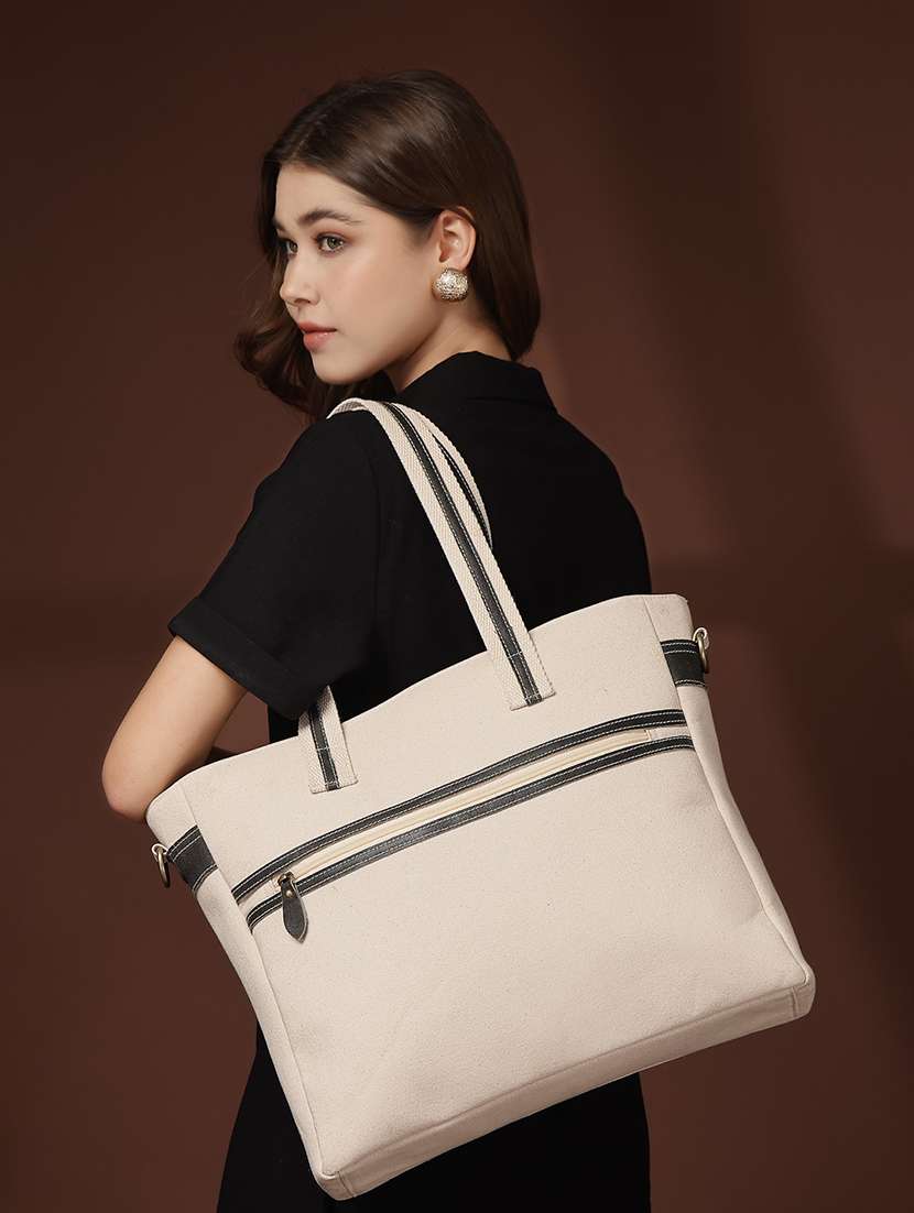 women cream solid dual handles tote bag - 22347120 -  Standard Image - 5