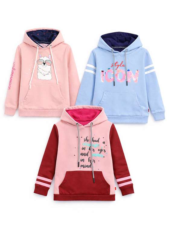 girls pack of 3 printed long sleeve hooded sweatshirt