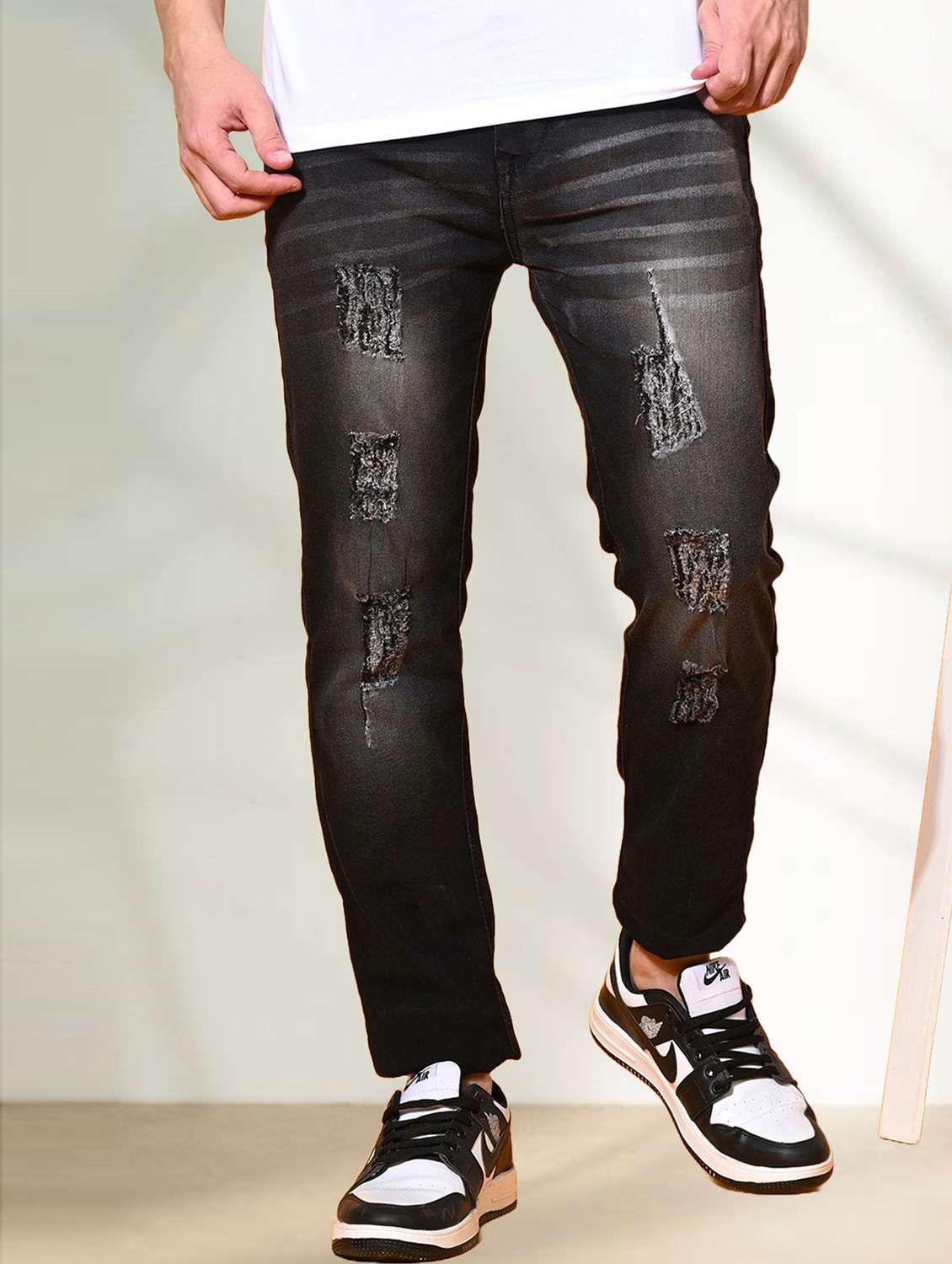 men distressed mid rise slim fit jean