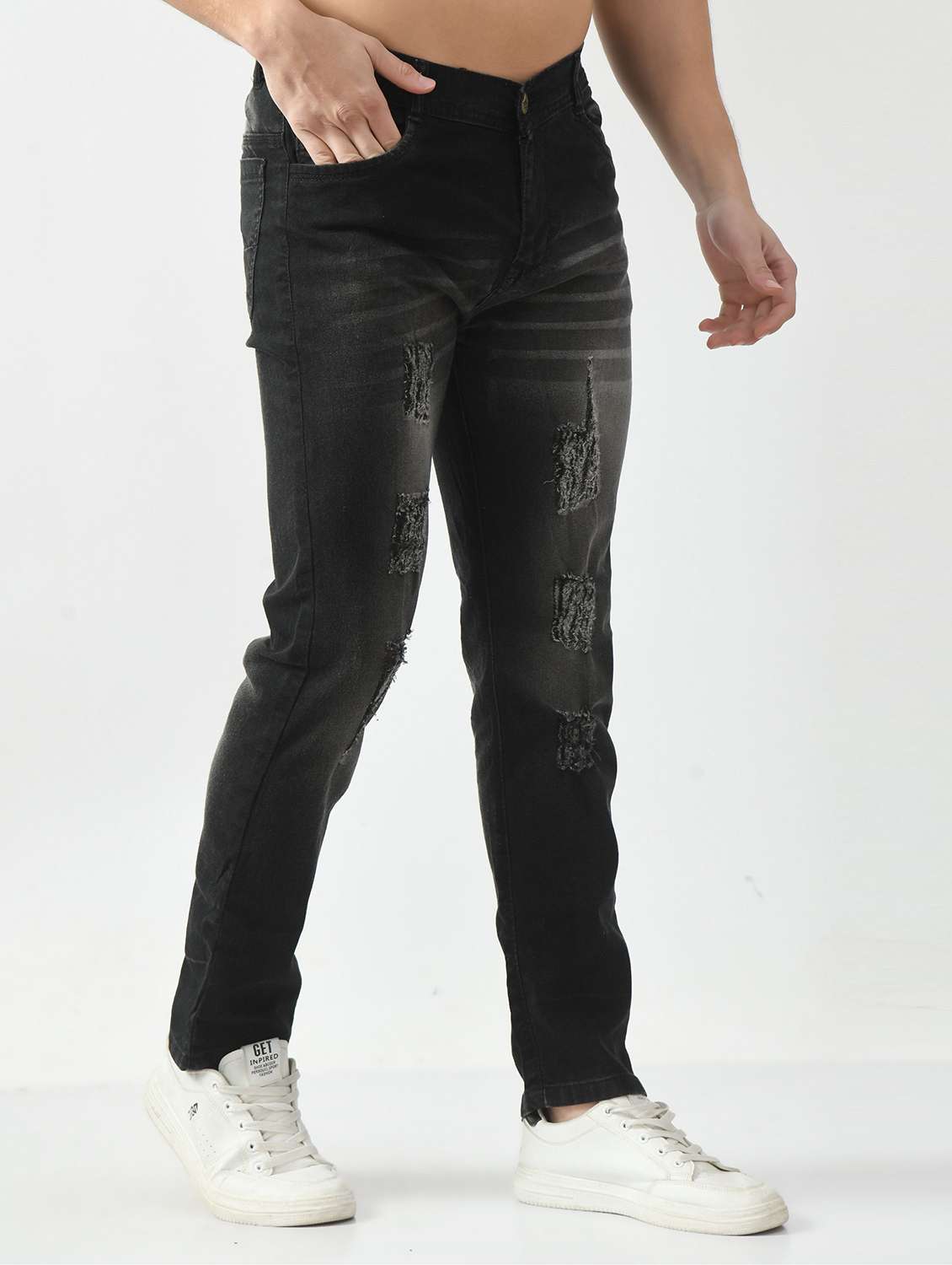 men distressed mid rise slim fit jean