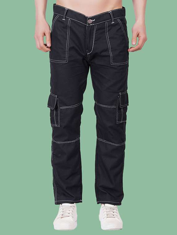 men solid mid rise denim cargo