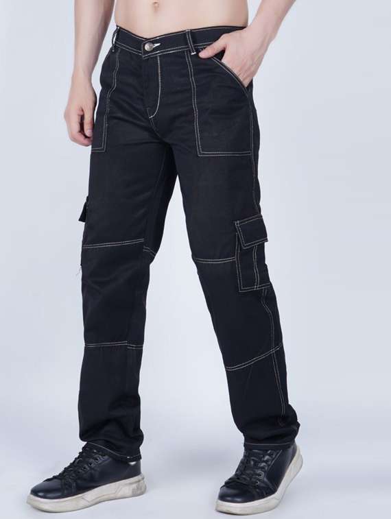 men solid mid rise denim cargo