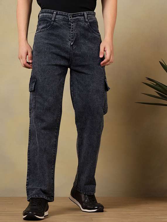 men solid mid rise denim cargo