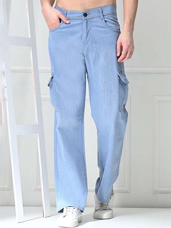 men solid mid rise denim cargo