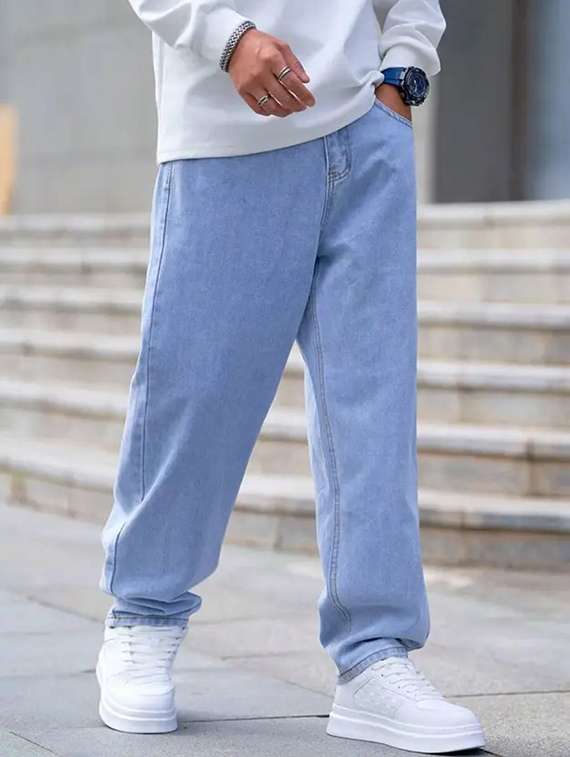 men solid mid rise baggy jeans 