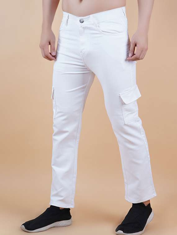 men solid mid rise denim cargo