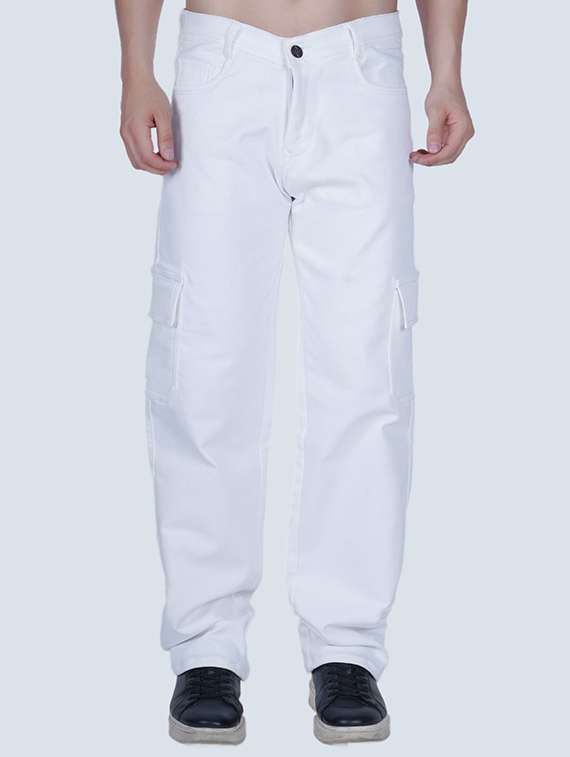 men solid mid rise denim cargo