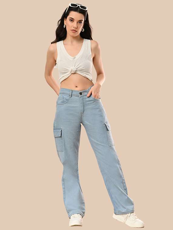 women solid high rise denim cargo