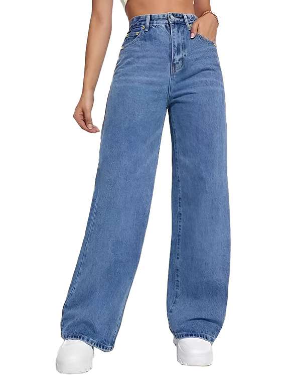 women solid high rise wide leg jean