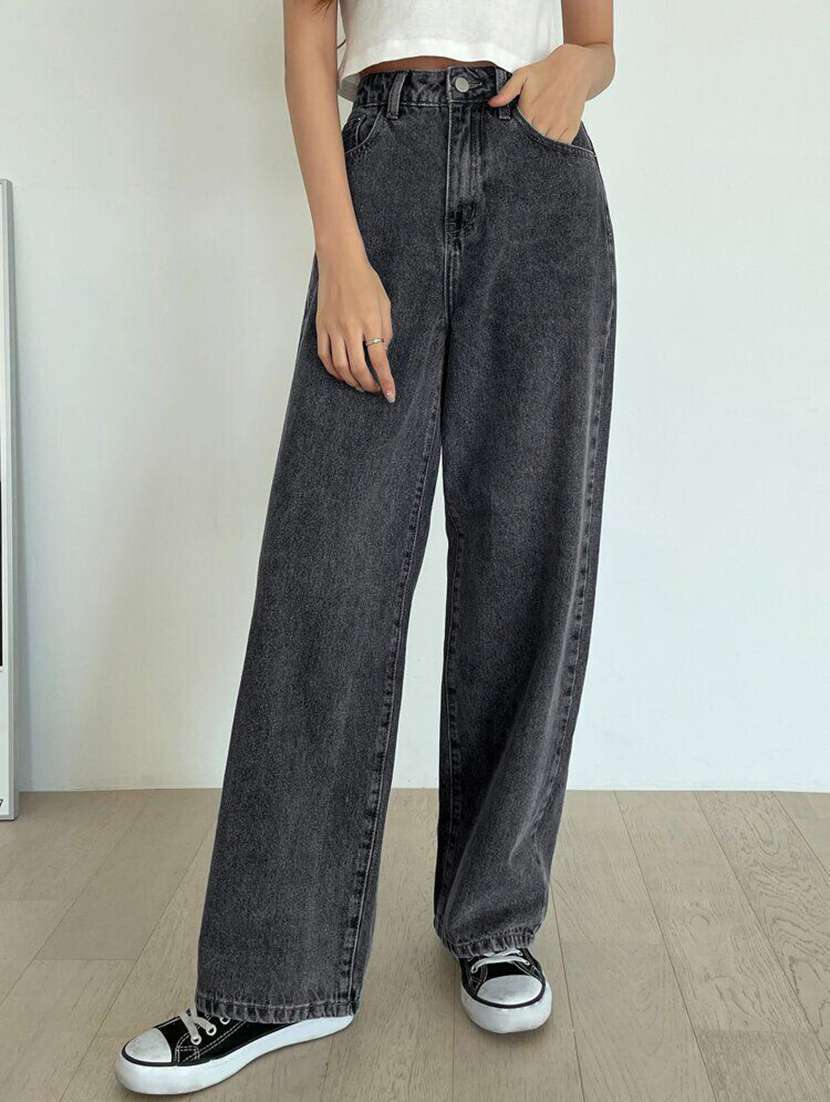 women solid high rise baggy jean