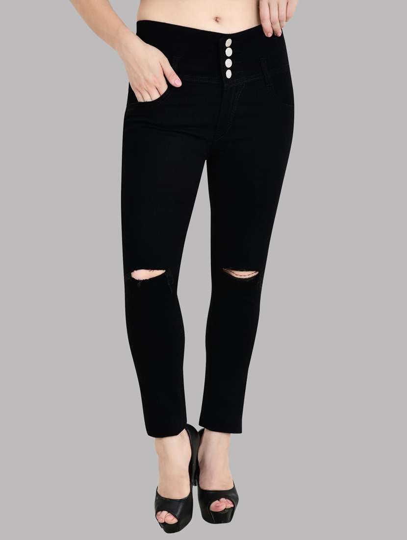 women slash knee mid rise slim fit jeans