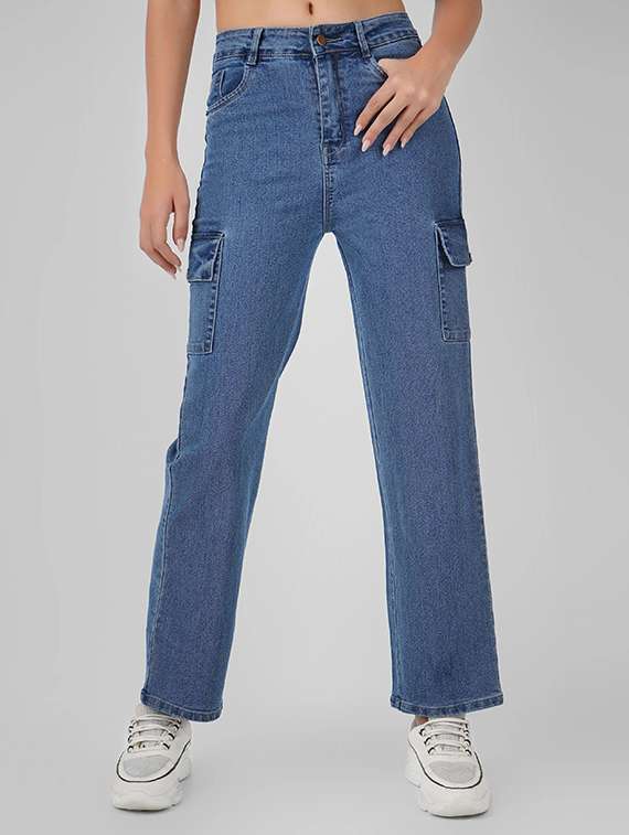 women solid high rise denim cargo