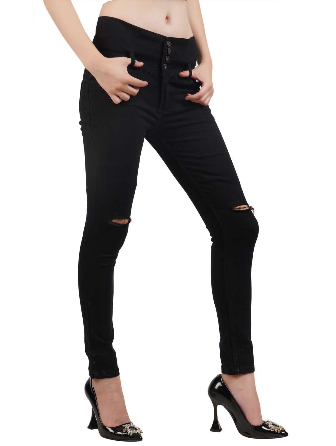 women slash knee mid rise skinny fit jeans