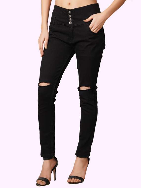 women slash knee mid rise slim fit jeans