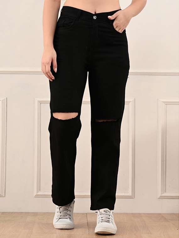 women slash knee mid rise straight jean