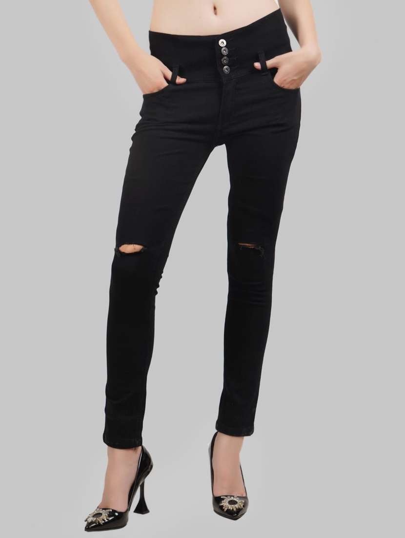 women slash knee mid rise slim fit jeans