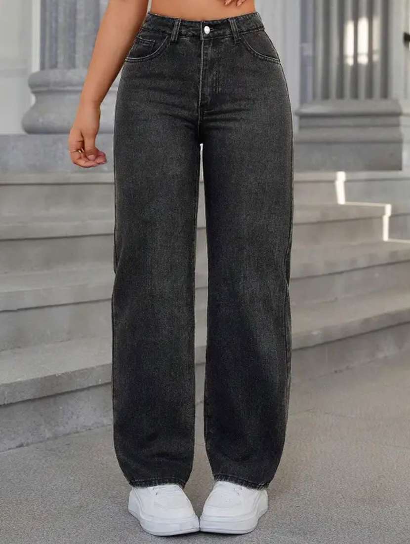 women solid high rise straight jeans